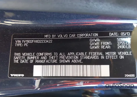 2013 Volvo S60 T6 from USA, damaged, VIN YV1902FHXD2233422